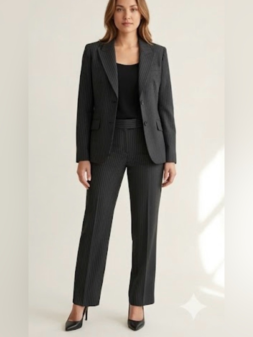 Nygård Collection Pinstripe Trousers - Size 6 - Dress Pants Charcoal Black